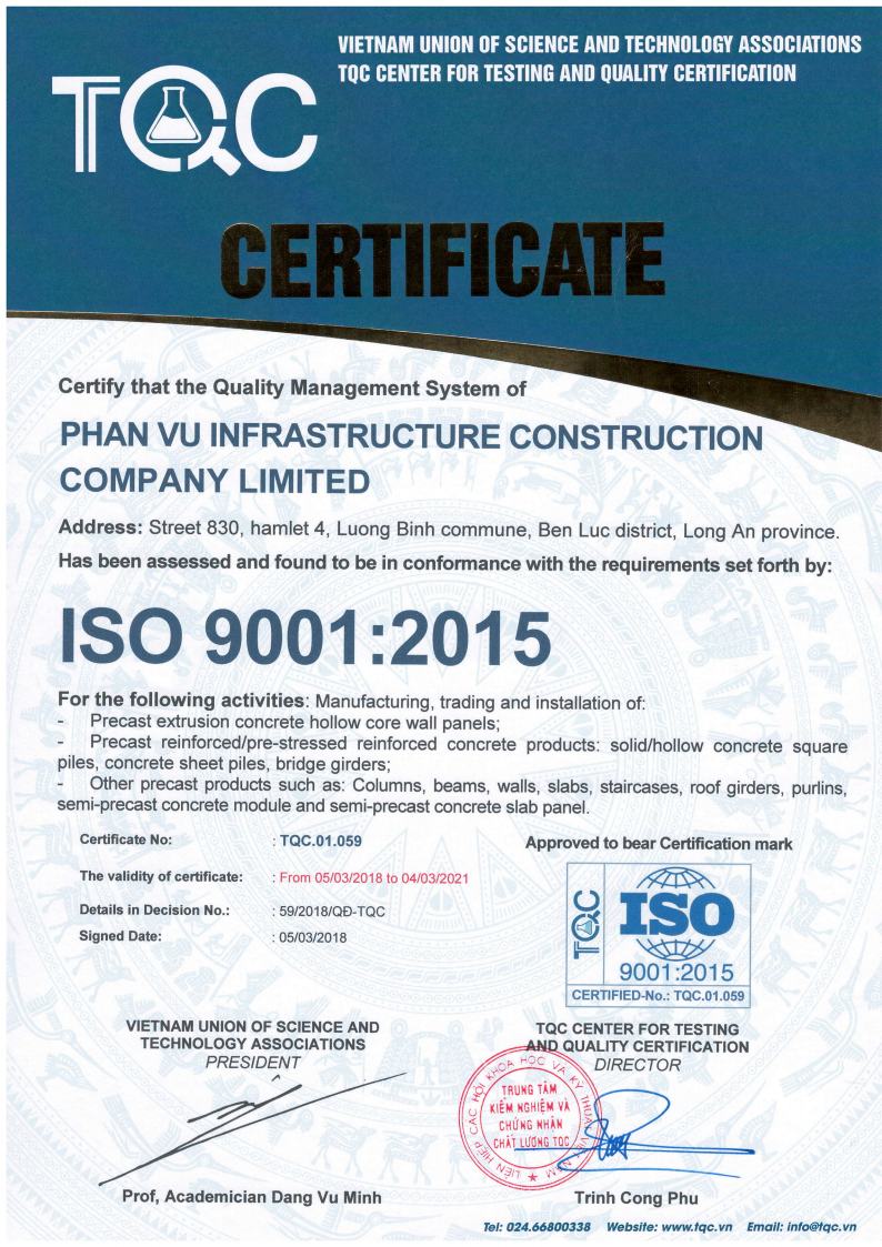 ISO 9001:2015 certificate of Phan Vu Infrastructure